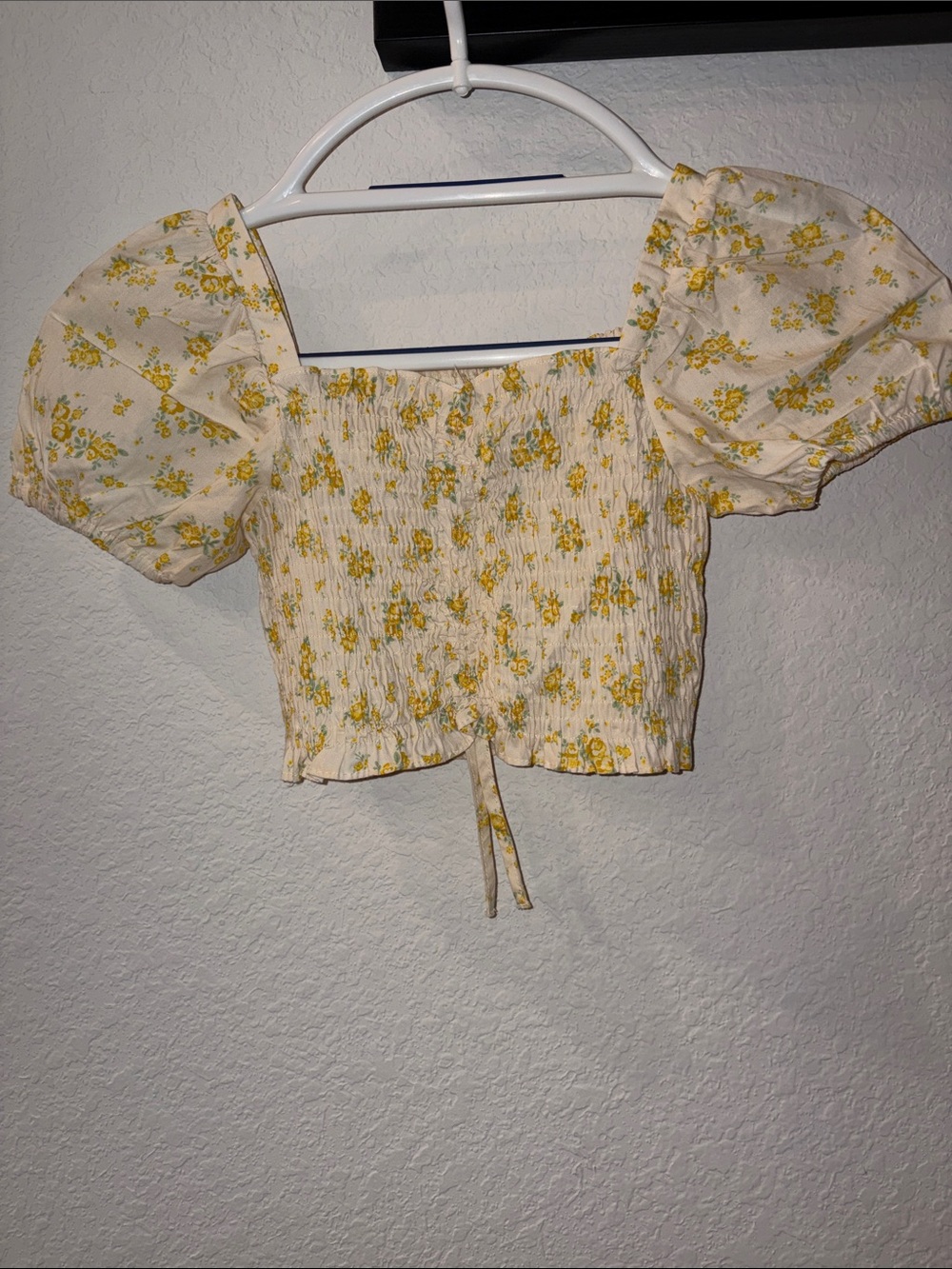 Zara Yellow Floral Smocked Puff-Sleeve Crop Top